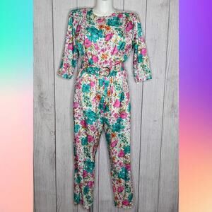 VTG 80s 90s Volup Bright Floral Windbreaker Jumpsuit w Original Belt, sz 16